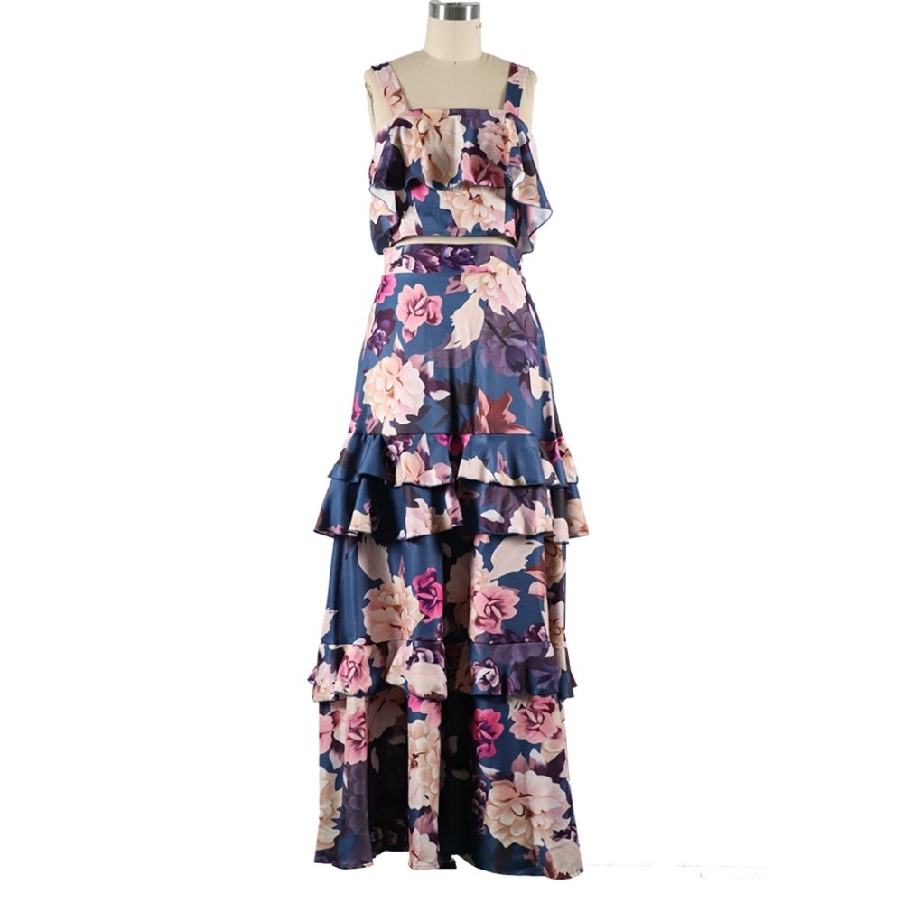 Boho Floral blue floral print ruffle skirt Set - Picture 5 of 6